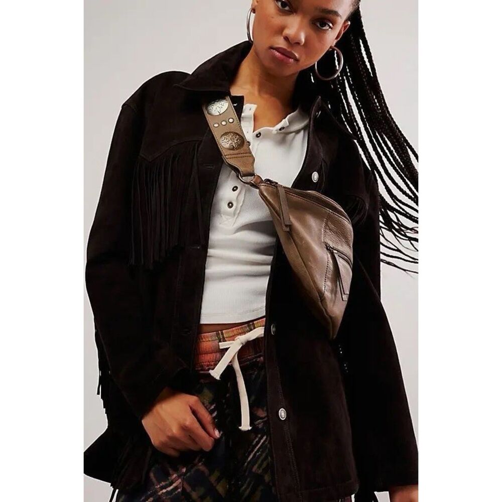 Free People Brown Leather Crossbody Belt Bag with Decorative Strap